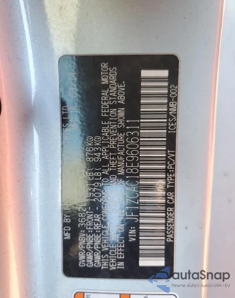 2014 Subaru Brz 2.0 Limited из США, поврежденный, VIN JF1ZCAC18E9606311